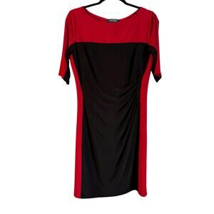 Lauren Ralph Lauren Red & Black Dress Side Ruched Lined Size 12 Short Sleeve